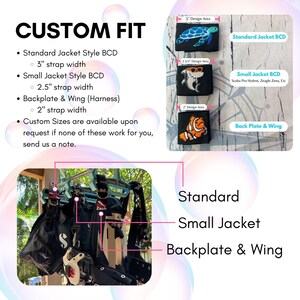 May include: A close-up of a scuba diving BCD (Buoyancy Compensator Device) with different strap width options. The BCD is black and has a silver buckle. The text "CUSTOM FIT" is at the top of the image. The text "Standard Jacket Style BCD", "Small Jacket Style BCD", and "Backplate & Wing (Harness)" are listed with their corresponding strap widths.