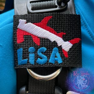 Dive Flag Hammerhead | Personalized & Customizable Scuba Diver BCD Identification Tag | Scuba Diver Gift | Made on Maui | Embroidered Tag