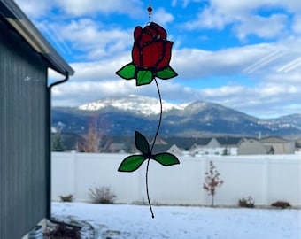 Long Stem Stained Glass Rose (Deep Red)