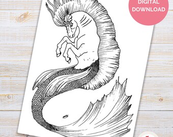 Hand Drawn Fantasy Art COLOURING page Hippocamp colouring page in Black, Serpia and Grey for Colourist Preference to Relax and De-stress