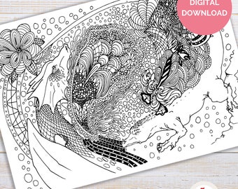 May include: Black and white intricate line art colouring page featuring a dragon with swirling patterns and a flower. The text "DIGITAL DOWNLOAD" is in a pink box at the top right corner of the page.