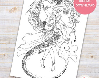 The Powerful Dragon Dancer Fantasy Adult COLOURING page in black, grey and sepia line art Plus Greyscale Colouring Image relax and destress