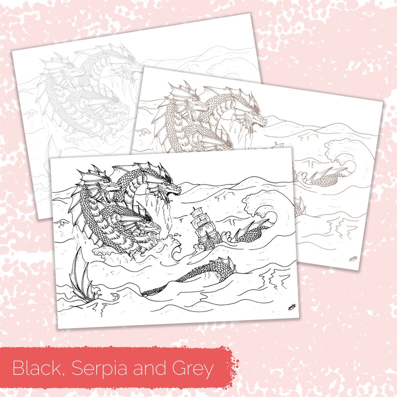 Hand Drawn Fantasy Art COLOURING Page Three Headed Dragon at Sea in