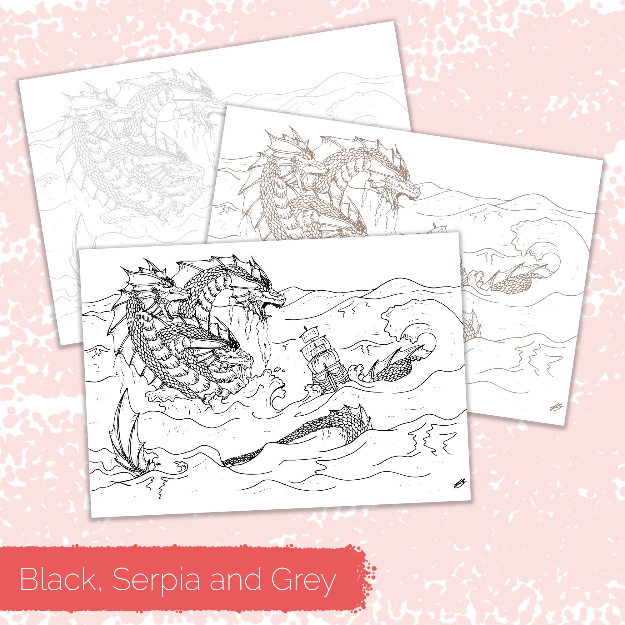 Hand Drawn Fantasy Art COLOURING Page Three Headed Dragon at Sea in