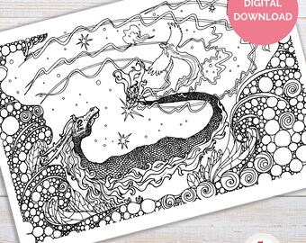 May include: Black and white line art colouring page featuring a dragon with a bird flying above it. The dragon is surrounded by swirling lines and dots. The text "DIGITAL DOWNLOAD" is in a pink box in the top right corner.