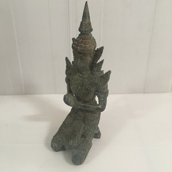 Pair of Thai Guardian Angel Theppanom Buddhist Sculpture Brass Statue Old Amulet