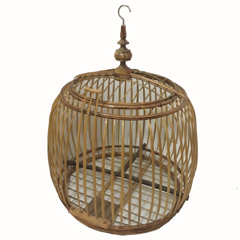 Hanging Bamboo Bird Cage Round Wooden House Portable Natural Image 0