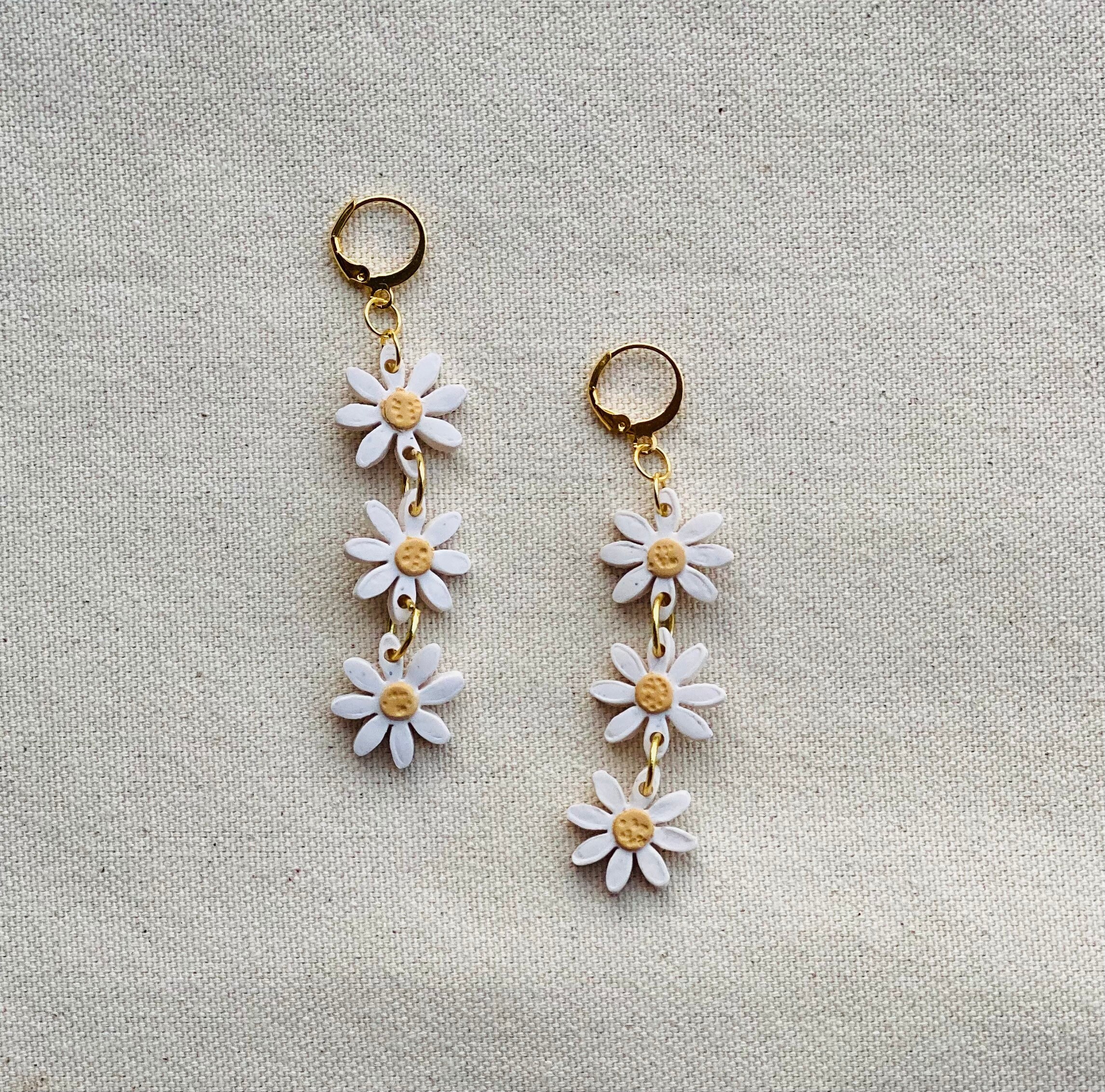 Daisy Huggie Dangle Earrings Flower Drop Earring Minimalist Etsy