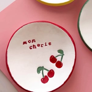 Personalized Cherry Jewelry Dish: Hand-Painted Air Dry Clay Ring Holder