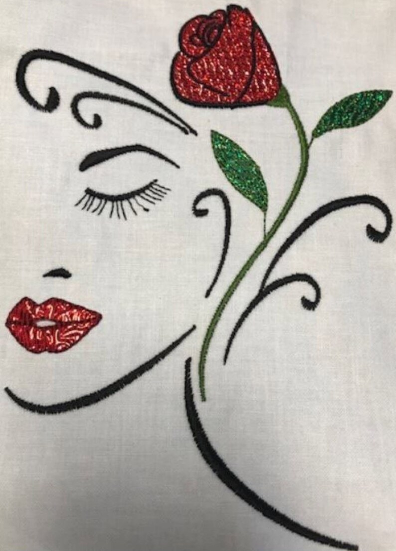 Motif de broderie machine, Femme avec une rose en Mylar Etsy France