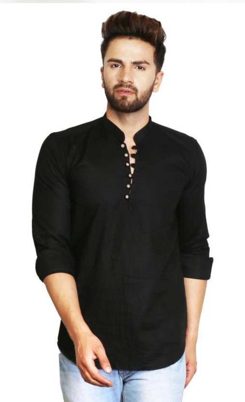 Men’s 100/% Cotton Indian Kurta Shirt Big and tall Black Solid Loose Fit 6XL 7XL