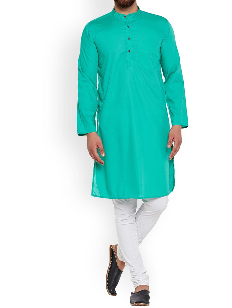 Indian Men/'s 100/% Cotton Shirt Wedding Wear Patchwork Kurta Teal Color Plus Size