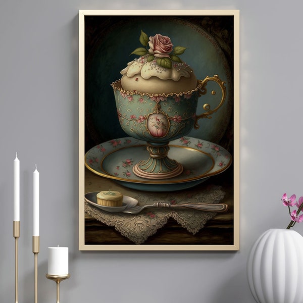 Teacup, Cake, Teaparty, Birthday, Shabby chic, Digital download, AI digital download, Beautiful, Painting, Still life, Romantic, Tea