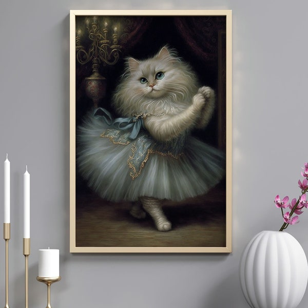 Cat, Ballet, dancer, dress, Shabby chic, Romantic, Digital download, AI digital download, Beautiful, Painting, Baroque,Cute animals, kitten