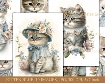 Kitten blue, Digital download, Commercial use, Journal junk, Scrapbooking, Cardmaking, Printable, Journaling, Cute animals, Cats, Kitten,