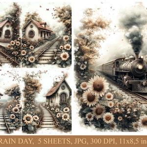 Día del tren, Descarga digital, Junk Journal, Scrapbooking, Uso comercial, Cardmaking, Decoupage, Papel digital, Girasoles, tren, viaje