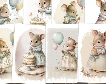 Birthday mouse, Cake, Balloons, Cardmaking, Mixed media, Digital download, Ephemera, Junk Journal, Scrapbooking, Clip art, Watercolor, Mouse