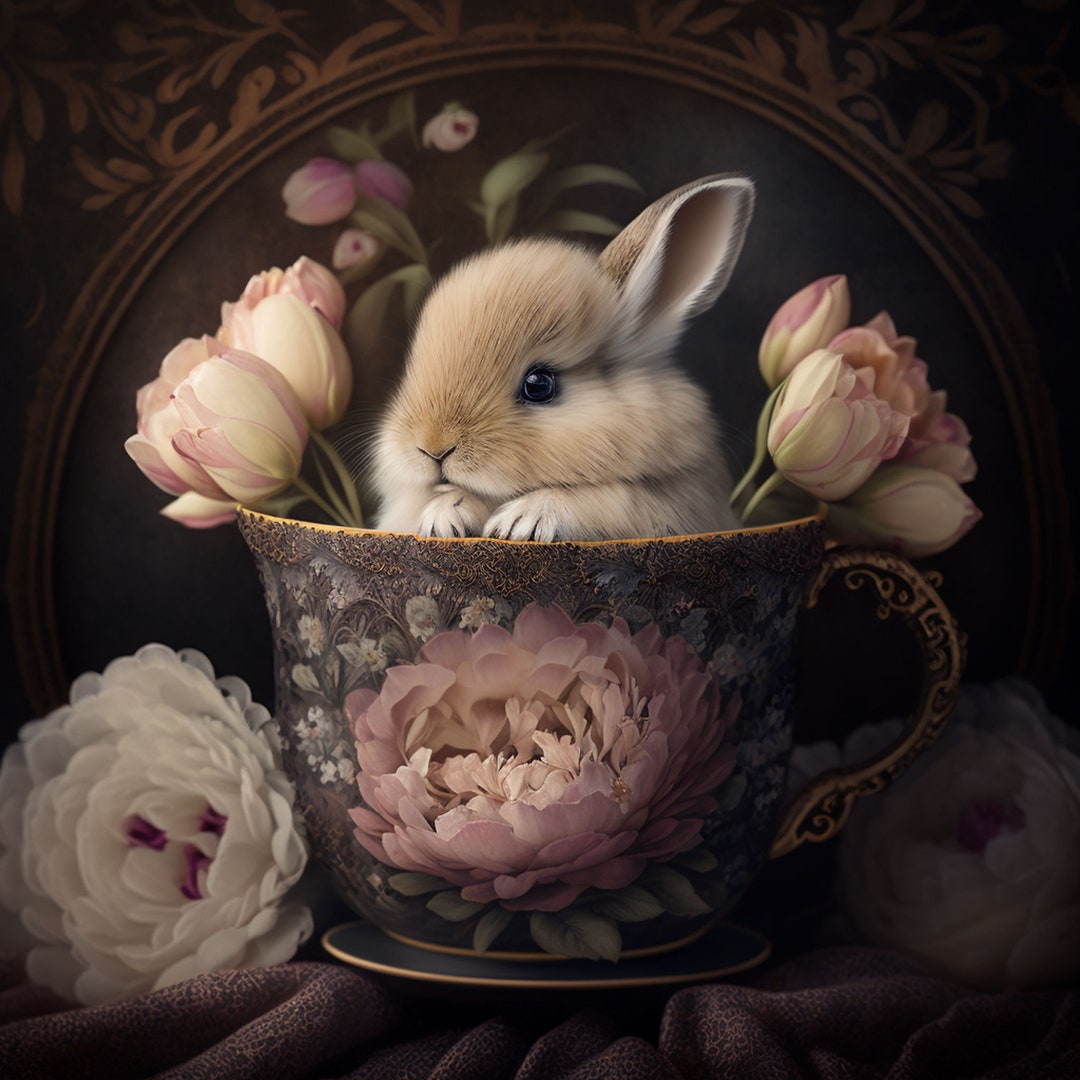 Bunny in a Teacup, Rabbit, Fowers, Romantic, Shabby Chic, Ai Art