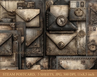 Stoombriefkaart, Digitale download, Junk Journal, Scrapbooking, Commercieel gebruik, Kaarten maken, Steampunk, enveloppen, Papier, Tandwielen, Ansichtkaarten
