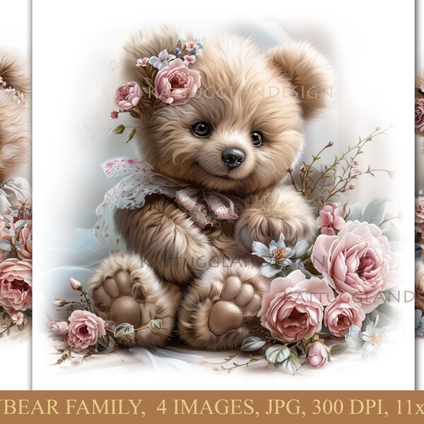 Teddybear family, Digital download, Commercial use, Scrapbooking, Junk journal, Cardmaking, Shabby chic, Teddybears, Shabby chic, Kids room