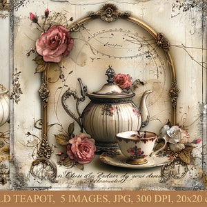 古いティーポット、デジタルダウンロード、商用利用、スクラップブッキング、ジャンクジャーナル、カードメイキング、ヴィンテージ、デコパージュ、セピア、ティーポット、古い紙、