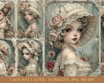 Può includere: Un collage di 16 immagini con ritratti di donne che indossano delicati cappelli di pizzo adornati con rose. Le donne hanno la pelle chiara, le guance rosate e grandi occhi espressivi. Lo sfondo è di un delicato blu-verde con motivi floreali.