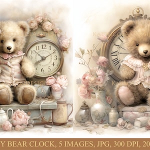 Puede incluir: Dos osos de peluche con vestidos rosas se sientan frente a relojes antiguos. Los relojes están rodeados de rosas rosas y otra decoración vintage. La imagen está en un estilo vintage suave.