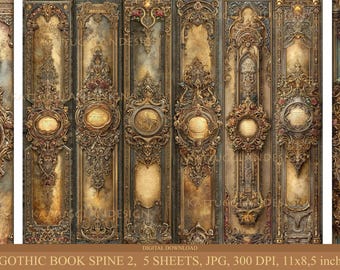 Puede incluir: Descarga digital de lomos de libros góticos. La imagen muestra lomos de libros ornamentados de estilo antiguo con intrincados detalles dorados y bronce. Cada lomo presenta marcos y adornos decorativos. El texto en la parte inferior dice "GOTHIC BOOK SPINE 2, 5 SHEETS, JPG, 300 DPI, 28x21,6 cm."
