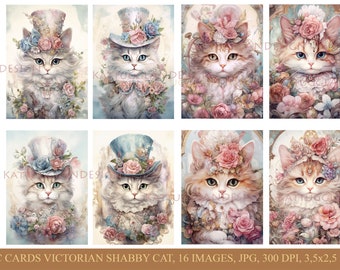 ATC Cards, Victorian shabby cats, Digital download Junk journal cards, Digital Paper, Printable, journaling  Commercial use, Ephemera, Craft