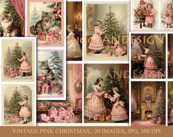 Vintage pink christmas, Digital download, Scrapbooking, Junk journal, Commercial use, Cardmaking, Journaling, Paper, Vintage, Old, Christmas