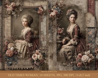 Può includere: Download digitale con due ritratti d'epoca di donne in abiti antichi, circondati da composizioni floreali. Le immagini hanno una tonalità seppia e sono incorniciate con bordi ornati. Il testo in basso recita "OLD TIMES WOMAN, 10 SHEETS, JPG, 300 DPI, 11x8,5 inch."