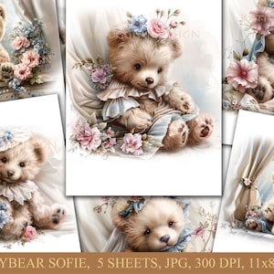 Teddybeer sofie, Digitale download, Commercieel gebruik, Scrapbooking, Junkjournaal, Kaarten maken, Shabby chic, Romantisch, Teddyberen, Schattige beren,