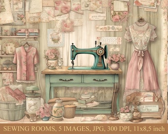 Sewing rooms, Digital download, Commersial use, Journal junk, Scrapbooking, Cardmaking, Printable, Vintage, Shabby chic, Backgrounds, Art