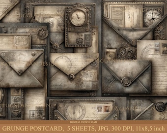 Grunge-briefkaart, Digitale download, Junk Journal, Scrapbooking, Commercieel gebruik, Kaarten maken, Steampunk, enveloppen, Papier, Tandwielen, Ansichtkaarten