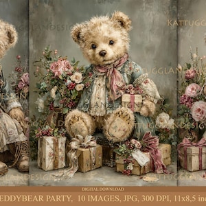 May include: An artistic digital download featuring three teddy bears dressed in vintage clothing, surrounded by floral arrangements and wrapped gifts. The bears are adorned with floral headbands and ribbons. The image includes the text "TEDDYBEAR PARTY, 10 IMAGES, JPG, 300 DPI, 11x8,5 inch".