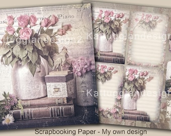 2 Pieces, Scrapbook Paper, Journal Junk Paper, Ephemera, Romantic, Antic, Roses, Still Life, Shabby chic, Paper, Books,  Scraping, craft