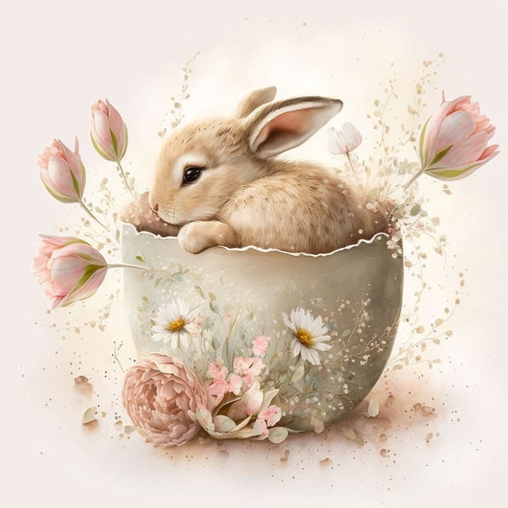 水彩壁絵watercolor“The Chilling Bunny Bunny” Bunny, Rabbit, Teacup, Shabby Chic, Tulips, Watercolor
