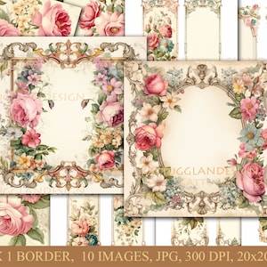 Puede incluir: Un conjunto de 10 imágenes digitales con un borde floral y varios diseños florales. Las imágenes están en formato JPG y tienen una resolución de 300 DPI. Las imágenes miden 20x20 cm.