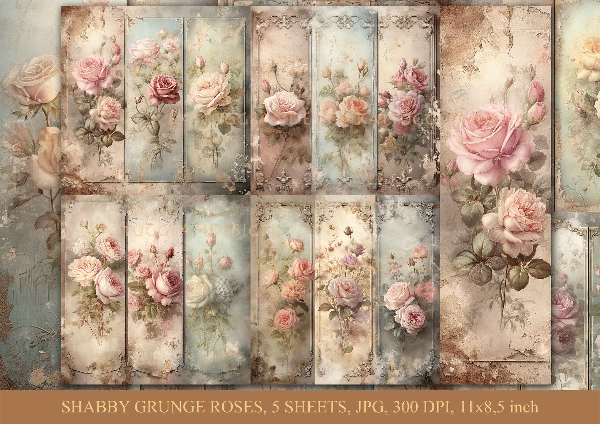 Shabby Grunge Roses, Digital Download, Junk Journal, Scrapbooking, Clip ...