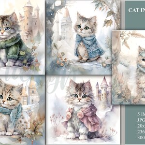 Cat in castle, Clipart, Watercolor, Digital download, Commersial use, Fairytale, Cat, Cute animals, Cardmaking, Scrapbooking, Junk Journals