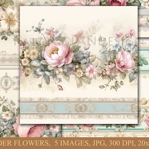 Fiori di confine, Download digitale, Effimera, Junk Journal, Scrapbooking, Clip art, Uso commerciale, Morbido, Shabby chic, Bordi, Fiori, Arte