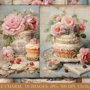 Adorno para tarta, Descarga digital, Scrapbooking, Diario basura, Uso comercial, Fabricación de tarjetas, Diario, Papel, Shabby chic, Tarta, Panadería, Romántico