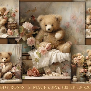 Teddy roses, Digital download, Ephemera, Junk Journal, Scrapbooking, Clip art, Teddybears, Commercial use, Vintage, Soft, Shabby chic, Art