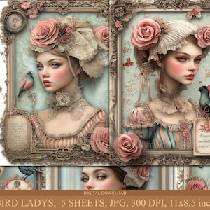 Uccellini, Download digitale, Diario spazzatura, Scrapbooking, Uso commerciale, Creazione di biglietti, Decoupage, Donna, Pizzo, Cappelli, Vittoriano, Shabby chic