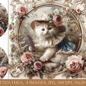 Kitten thea, Digitale download, Junk Journal, Scrapbooking, Illustraties, Commercieel gebruik, Kaarten maken, Decoupage, Shabby chic, Schattige katten, Kitten