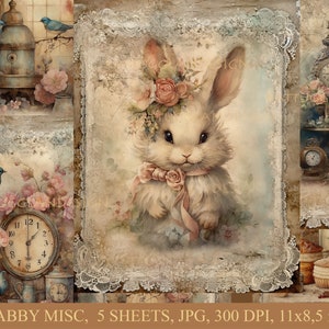 Miscellanea shabby, Download digitale, Diario spazzatura, Scrapbooking, Clip art, Uso commerciale, Fogli, Sfondi, Romantico, Shabby chic, coniglietto