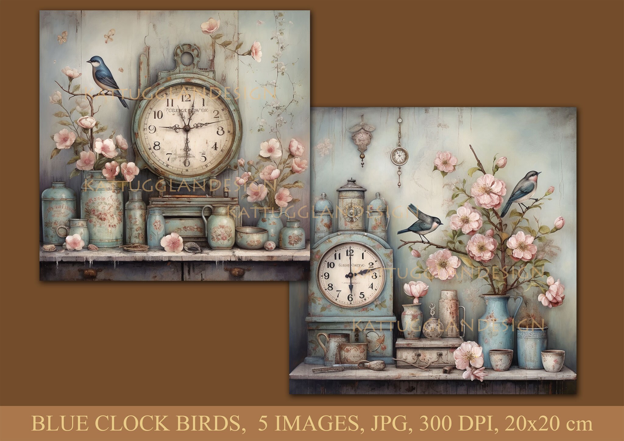 Blue Clock Birds, Digital Download, Commercial Use, Ephemera,junk ...