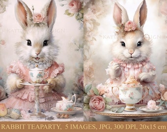 Rabbit teaparty, Digital download, Scrapbooking, Junk journal, Commercial use, Cardmaking, Journaling, Mixed media, Rabbit, Tea, Cute animal