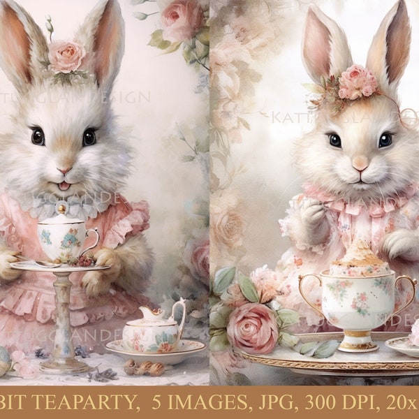 Rabbit teaparty, Digital download, Scrapbooking, Junk journal, Commercial use, Cardmaking, Journaling, Mixed media, Rabbit, Tea, Cute animal