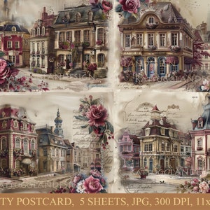 Alte Stadt Postkarte, Digitaler download, Kommerzielle Nutzung, Scrapbooking, Junk-Journal, Kartenherstellung, Shabby Chic, Romantisch, Wohnkultur, Alter Stil